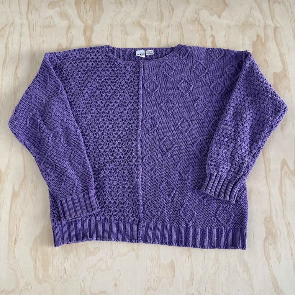 Vintage B.E. Sweater Womens Large Purple Chunky Diamond Knit Hong Kong Pullover